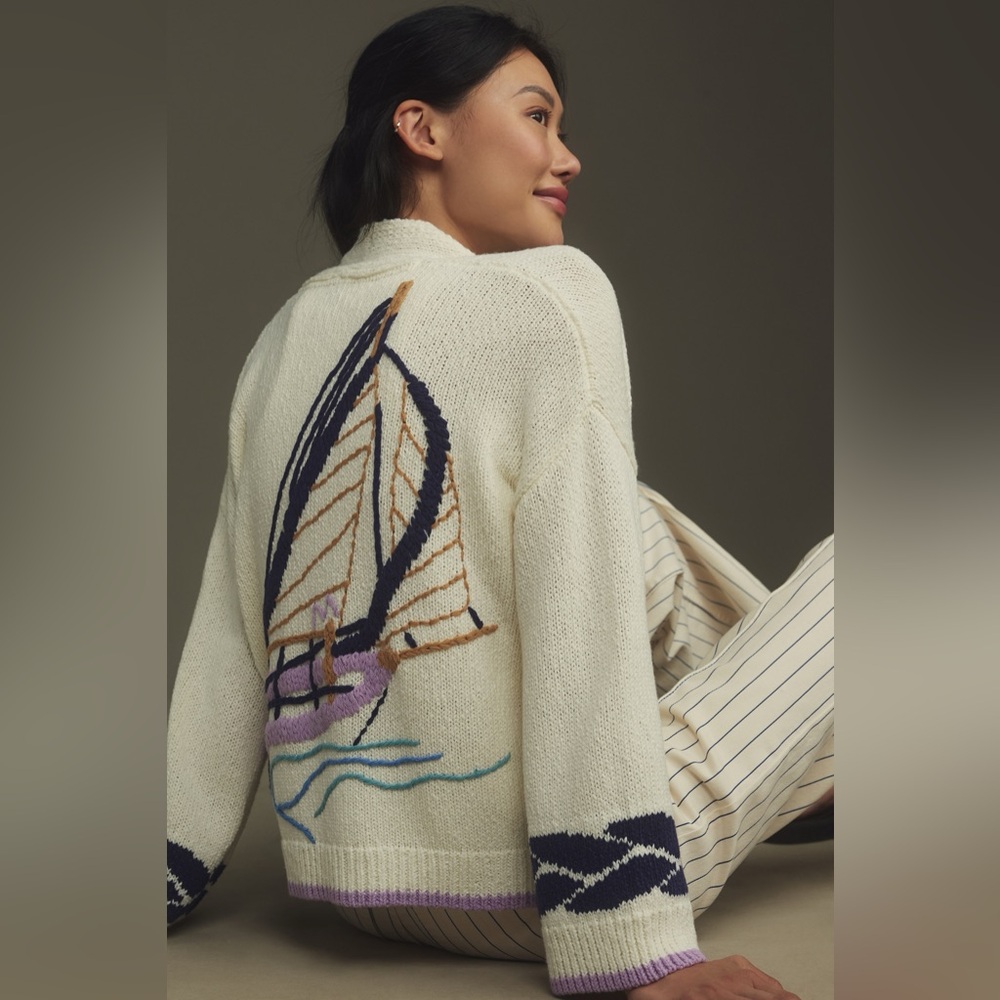 Maeve/Anthroplogie Cream Open-Front Cardigan with Navy and Lavender Trim